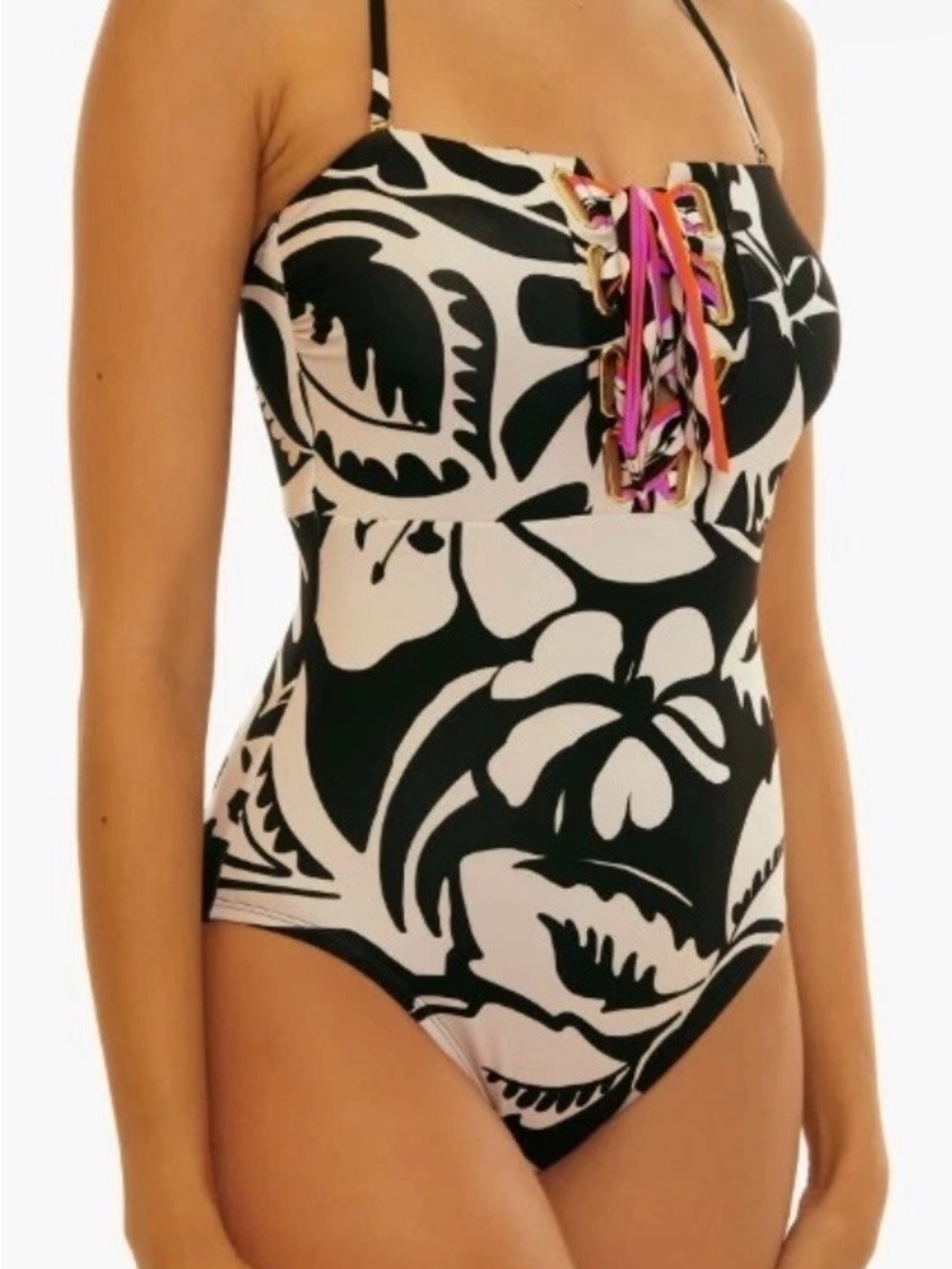 NWT Trina Turk Florence Cream & Black Floral One-Piece Swimsuit
